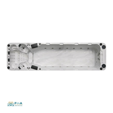 Draufsicht Passion Spas Aquatic 6 – extralanger Whirlpool mit Platz für Sport & Erholung, 4 Sitz-/Liegeplätze und integrierter LED-Beleuchtung.