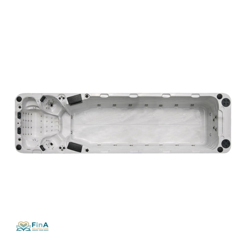 Draufsicht Passion Spas Aquatic 6 – extralanger Whirlpool mit Platz für Sport & Erholung, 4 Sitz-/Liegeplätze und integrierter LED-Beleuchtung.