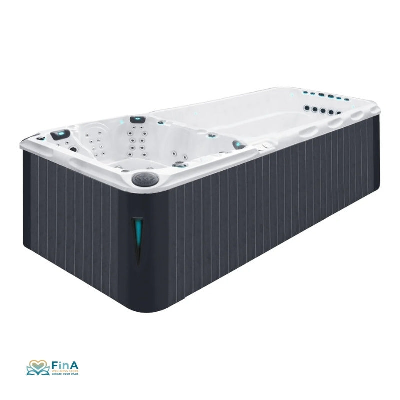 Seitenansicht Swim Spa Passion Spas Dynamic – modernes Design mit schwarzer Verkleidung, Massagebereich und großem Schwimmbereich.