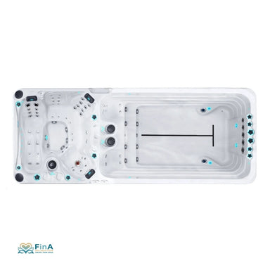 Top-Ansicht Passion Spas Dynamic – großzügiger Swim Spa mit 3 Massageplätzen, Sitzgruppe und Schwimmbereich mit leistungsstarker Gegenstromanlage.