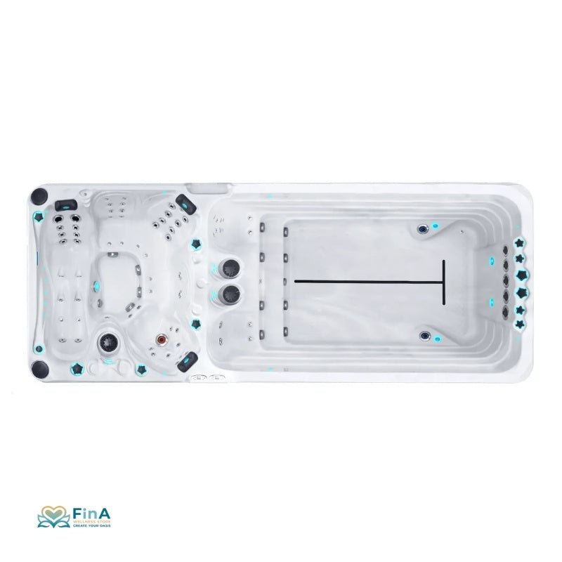 Top-Ansicht Passion Spas Dynamic – großzügiger Swim Spa mit 3 Massageplätzen, Sitzgruppe und Schwimmbereich mit leistungsstarker Gegenstromanlage.
