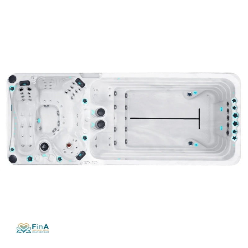 Swim Spa Dynamic Deep Draufsicht – luxuriöser Whirlpool mit Schwimmbereich und Massagedüsen, ideal für Garten oder Terrasse
