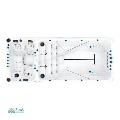 Obere Draufsicht auf Swim Spa „Spirit“ von Passion Spas – luxuriöser Whirlpool mit Schwimmbereich und Massagedüsen