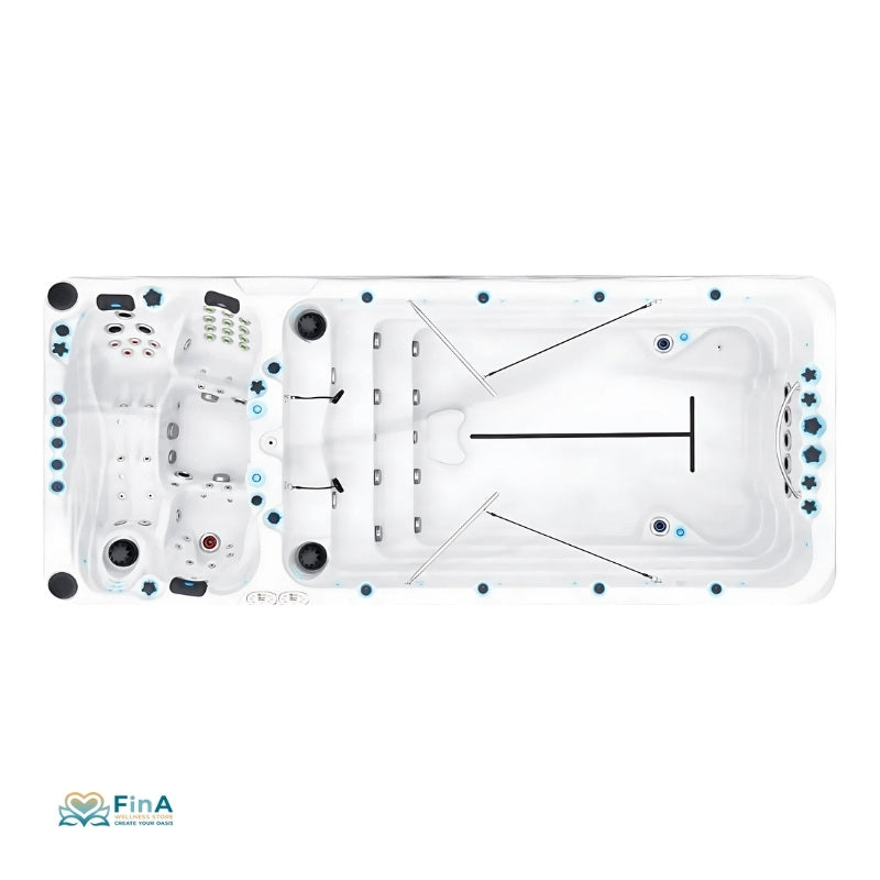 Obere Draufsicht auf Swim Spa „Spirit“ von Passion Spas – luxuriöser Whirlpool mit Schwimmbereich und Massagedüsen