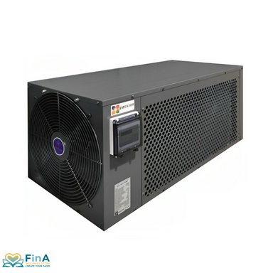 Schwarze Wärmepumpe von Passion Spas mit großem Lüfter, seitlichem Lüftungsgitter und digitalem Bedienfeld – für Swim Spas oder Whirlpools