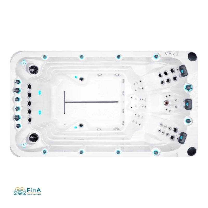 Swimspa Activity 1 Draufsicht – großzügiger Innenraum mit 3 Liegen, Massagezonen und Swimmingbereich.