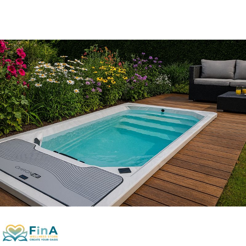 Chronos Mini Pool von Platinum Spas im modernen Garten mit Holzdeck und Blumenbeet