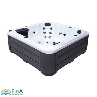 Seitenansicht des Platinum Spas Reims Outdoor-Whirlpools – harmonische Verbindung aus Acrylwanne und Holzoptik-Verkleidung.