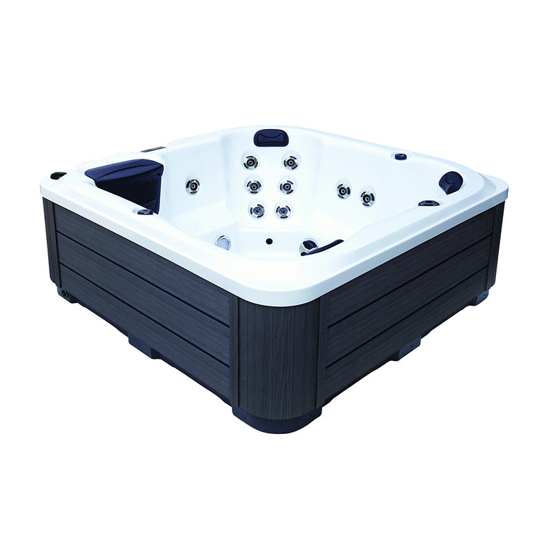 Seitenansicht des Platinum Spas Reims Outdoor-Whirlpools – harmonische Verbindung aus Acrylwanne und Holzoptik-Verkleidung.