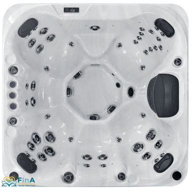 Produktname: Platinum Spas Seville Outdoor Whirlpool – Deluxe, für bis zu 7 Personen. Obere Draufsicht zeigt elegantes Design mit mehreren Massagedüsen, Kopfstützen und zentralem Einstieg