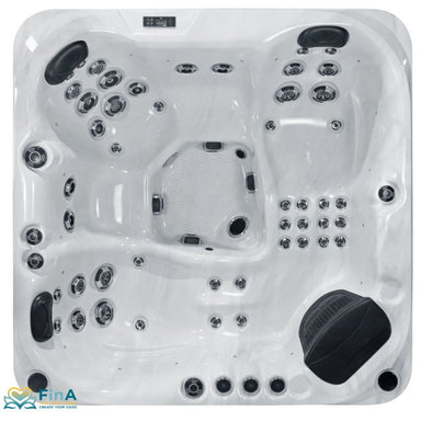 Produktname: Platinum Spas Happy Outdoor Whirlpool – Deluxe, für bis zu 5 Personen. Draufsicht auf eleganten Whirlpool in Sterling Silver mit ergonomischen Sitzplätzen, zahlreichen Massagedüsen und Kopfstützen