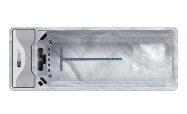 Draufsicht auf den Platinum Spas Mini Pool Hades in Sterling Silver – modernes, rechteckiges Design mit markanter Schwimmlinien-Markierung und River-Jet-System.
