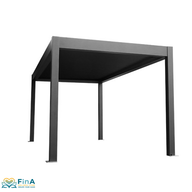 Freistehende bioklimatische Pergola mit geschlossenem Lamellendach in anthrazitfarbener Aluminium-Ausführung vor weißem Hintergrund.