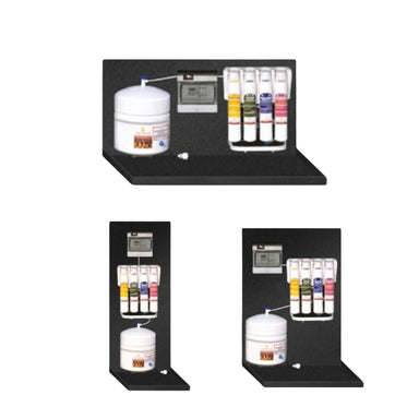 Drei Varianten der O-BOX Befüllanlage auf Trägerplatte im Vergleich: Standard, Horizontal und Vertikal – vormontiert mit Sicherheitsauffangwanne und Filtersystem.