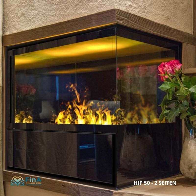 THE FLAME HIP 50 – zweiseitiger Designkamin mit Eckverglasung und stimmungsvollem Flammenbild für stilvolle Raumgestaltung