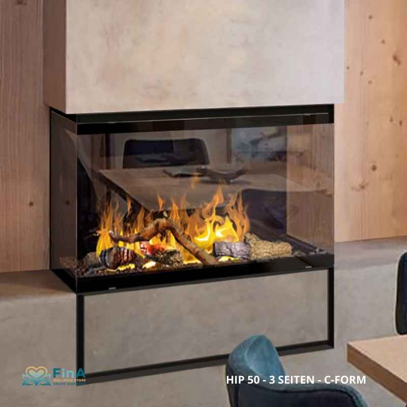 THE FLAME HIP 50 C-Form – dreiseitiger Effektfeuer-Kamin mit Glasrahmen für offene Raumkonzepte und modernes Interiordesign