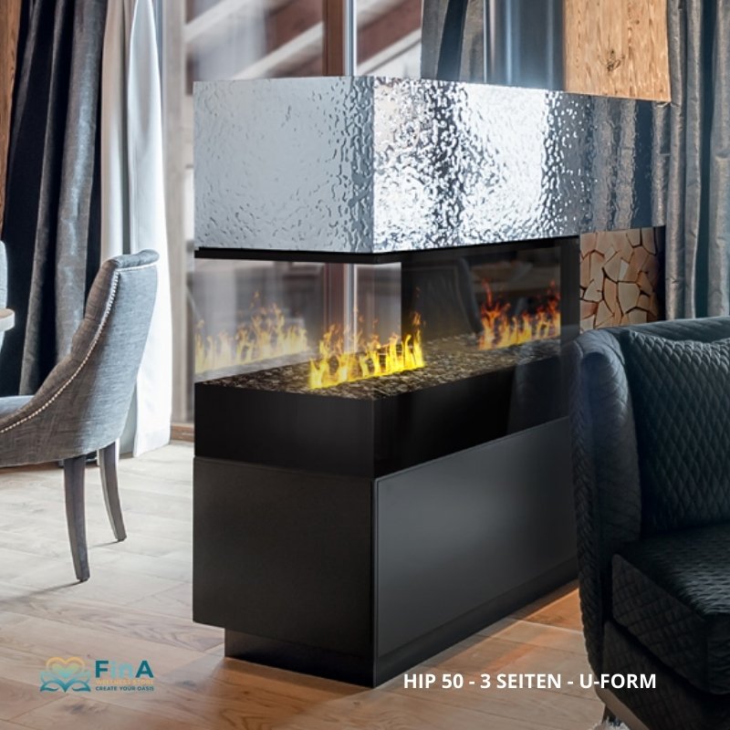 THE FLAME HIP 50 U-Form – dreiseitiger Effektkamin mit umlaufender Glasverkleidung für maximale Flammensicht