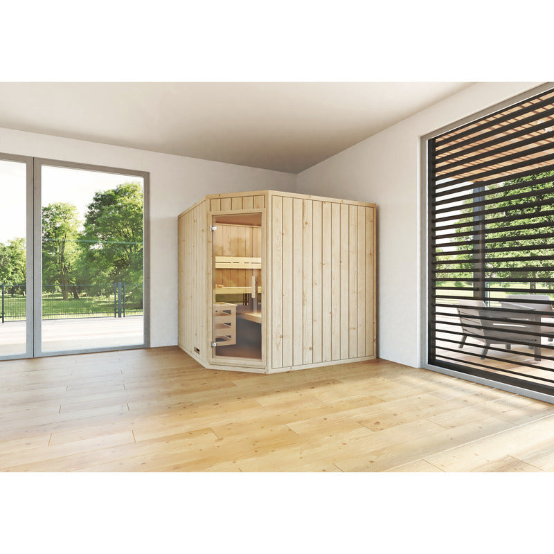 Leyla Sauna mit großer Glasfront – Naturholz trifft Design im wohnlichen Ambiente mit Loft-Charakter