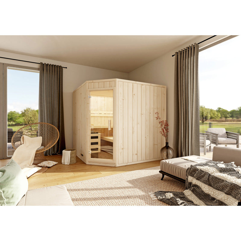 5-Eck-Sauna Leyla von FinA Wellness mit Glastür und Fenster – platzsparendes Design für stilvolle Raumlösungen