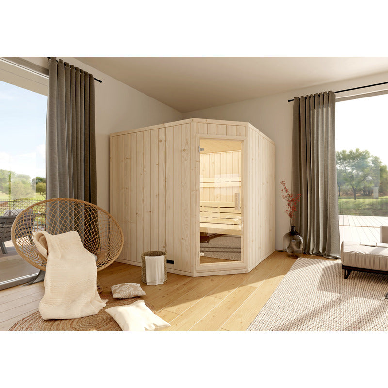 Sauna Leyla 5-Eck von FinA Wellness in eleganter Raumecke – perfekte Integration in ruhiges Wohnambiente mit Blick ins Freie
