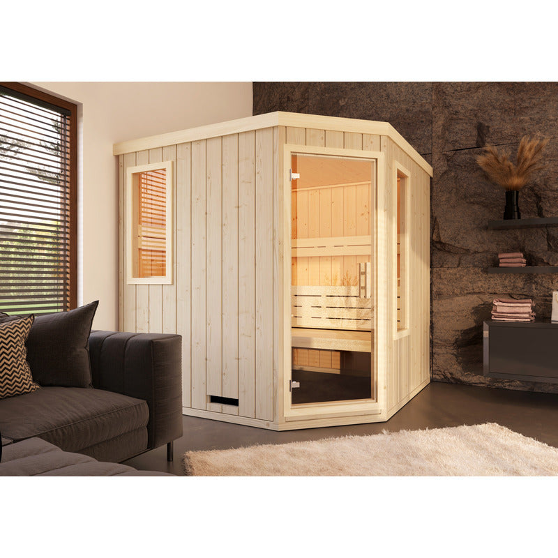 5-Eck-Sauna Leyla mit Glastür und Fenster – kompakte Massivholzsauna für moderne, lichtdurchflutete Räume