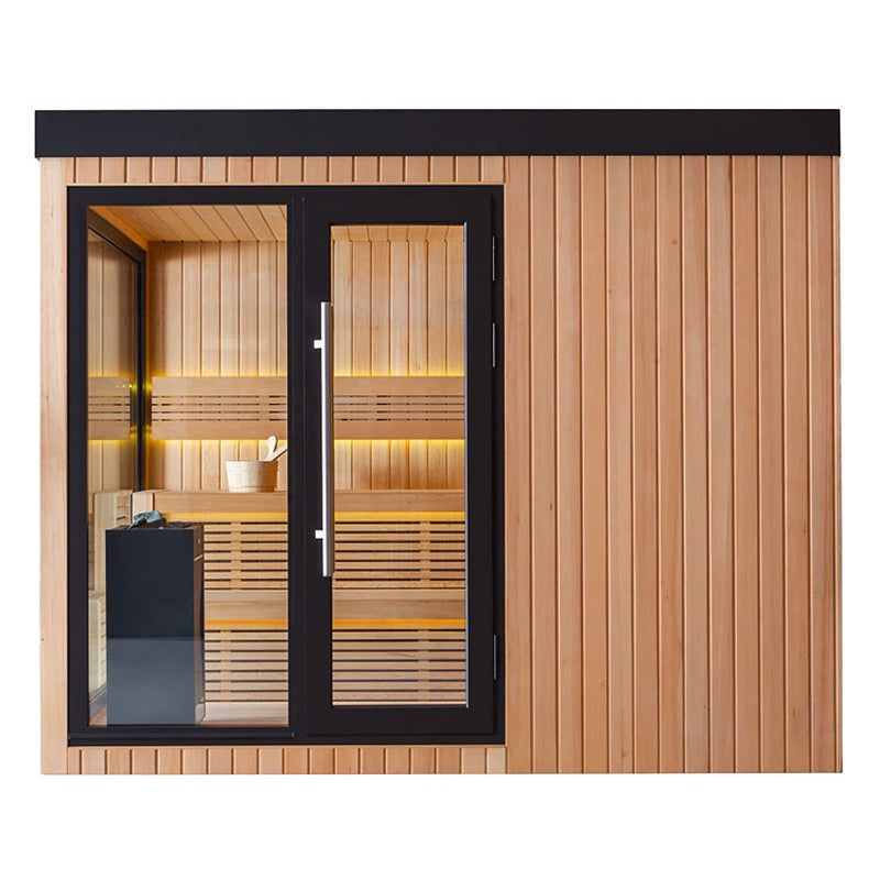 AWT The Cube X7-L Hemlock Außensauna 300×235 cm mit EOS BiO-Cubo Ofen, frontaler Glasfront und warmer LED-Ambientebeleuchtung im modernen Holzdesign