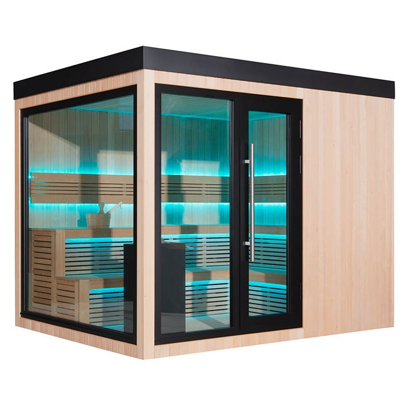 Seitenansicht der AWT The Cube X7-L Hemlock Außensauna 300×235 cm mit EOS Cubo Ofen, Glasfront und blauer LED-Ambientebeleuchtung