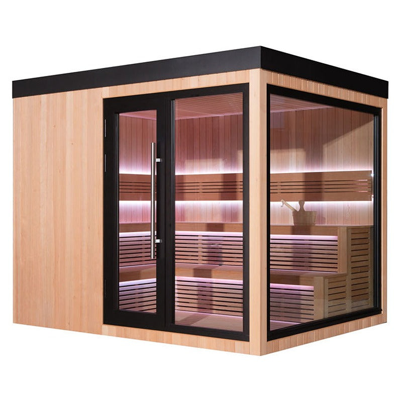 AWT THE CUBE X7-L pro Hemlock – moderne Designsauna mit Eckglasfront und stilvoller LED-Beleuchtung
