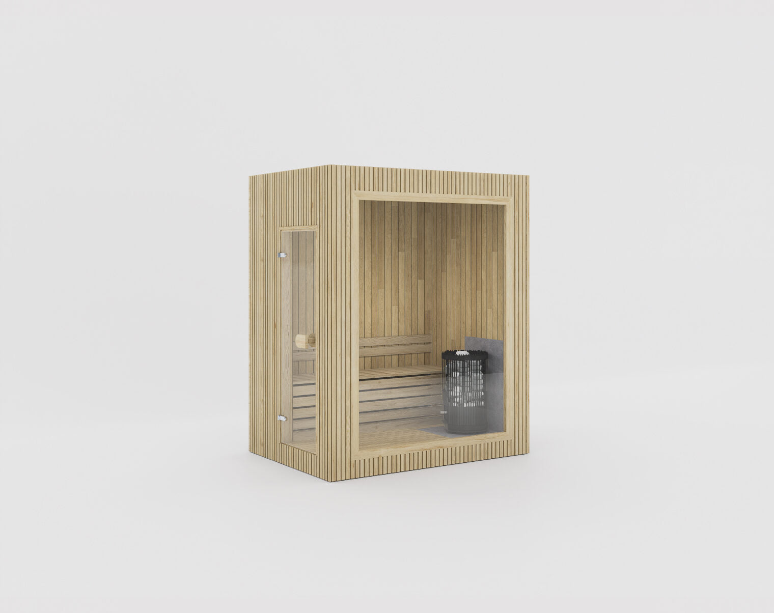 Celsium Jonas kompakte Designsauna aus 44 mm Fichtenholz mit Glasfront für stilvolles Outdoor-Wellness