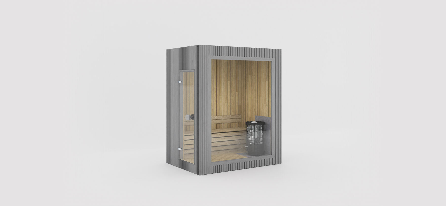 Celsium Jonas kompakte Designsauna in Grau aus 44 mm Massivholz mit Glasfront für stilvolles Outdoor-Wellness