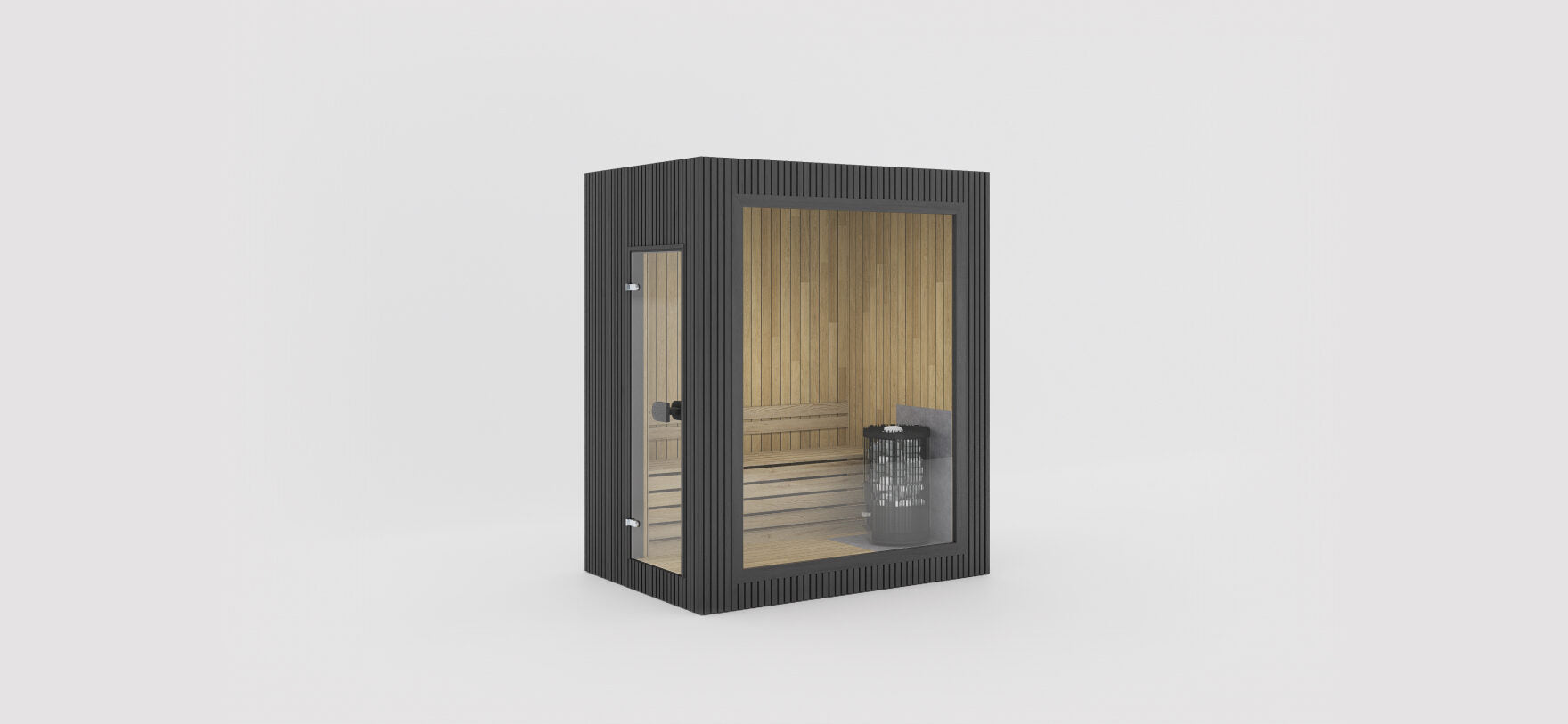 Celsium Jonas kompakte Designsauna aus 44 mm Massivholz in Schwarz mit Glasfront für stilvolles Outdoor-Wellness