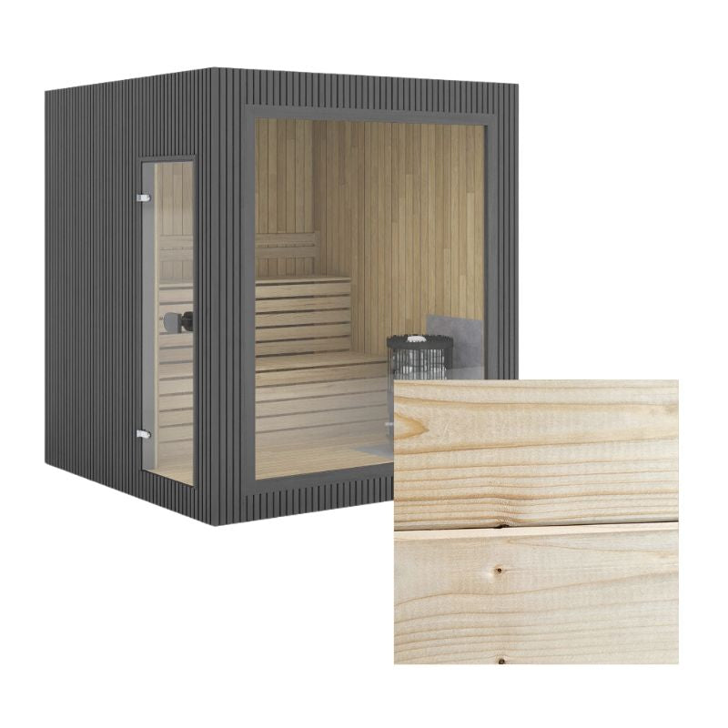 Gartensauna Jonas Small mit heller, naturbelassener Fichtenholz-Verkleidung, feine Holzmaserung und dezente Äste in Nahaufnahme.
