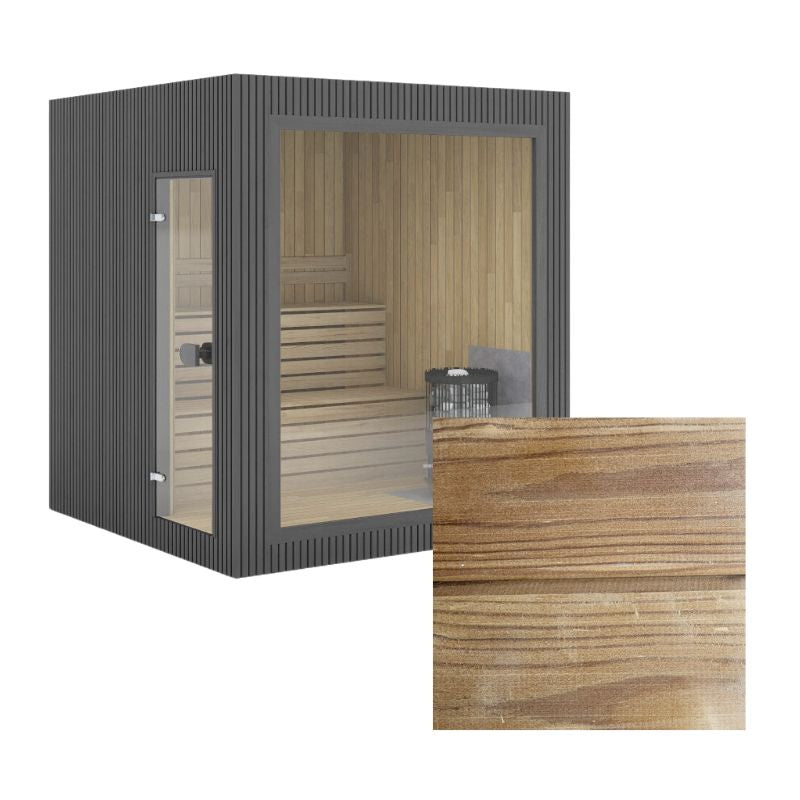 Moderne Gartensauna Jonas small mit Außenverkleidung aus hochwertiger Thermokiefer, warmbraune Holzmaserung in Nahaufnahme.