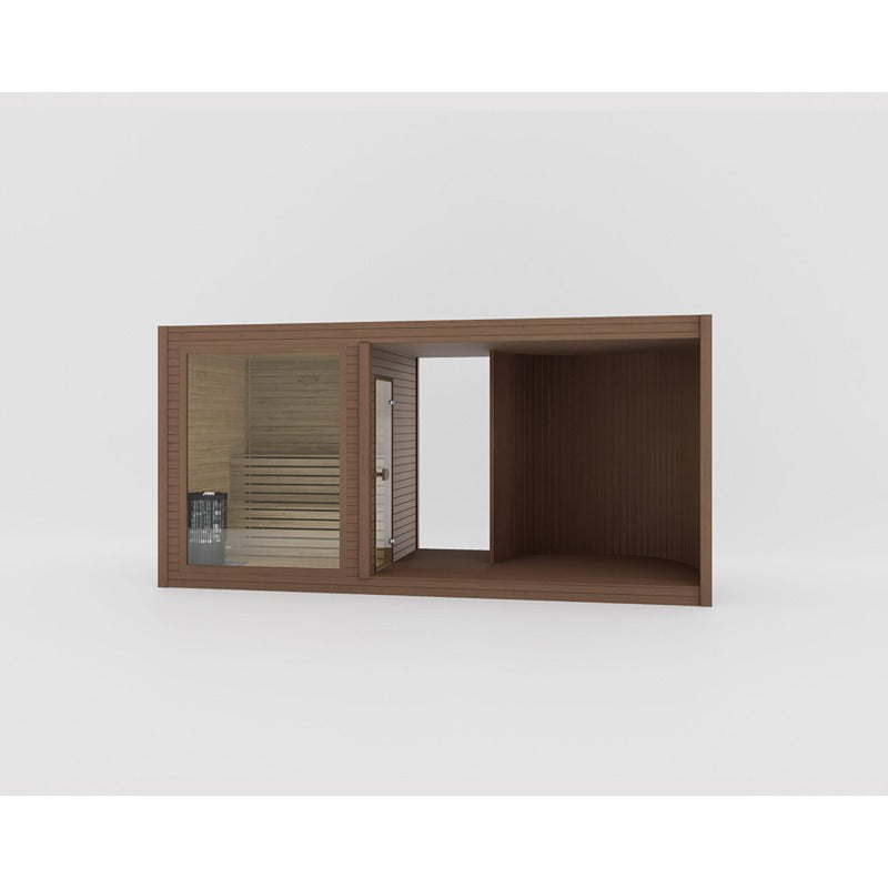 Celsium Tauras Air Modular Sauna in warmem Braunton – modular aufgebaute Außensauna mit harmonischem Holzdesign.
