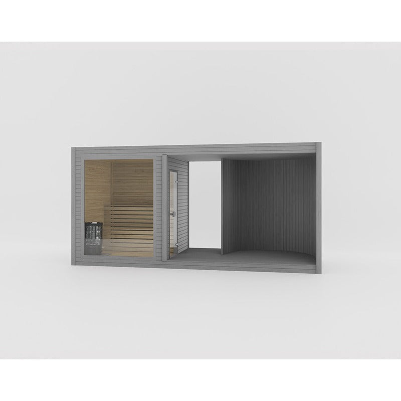 Celsium Tauras Air Modular Sauna in elegantem Grau – moderne Außensauna mit Glas und geradlinigem Design.