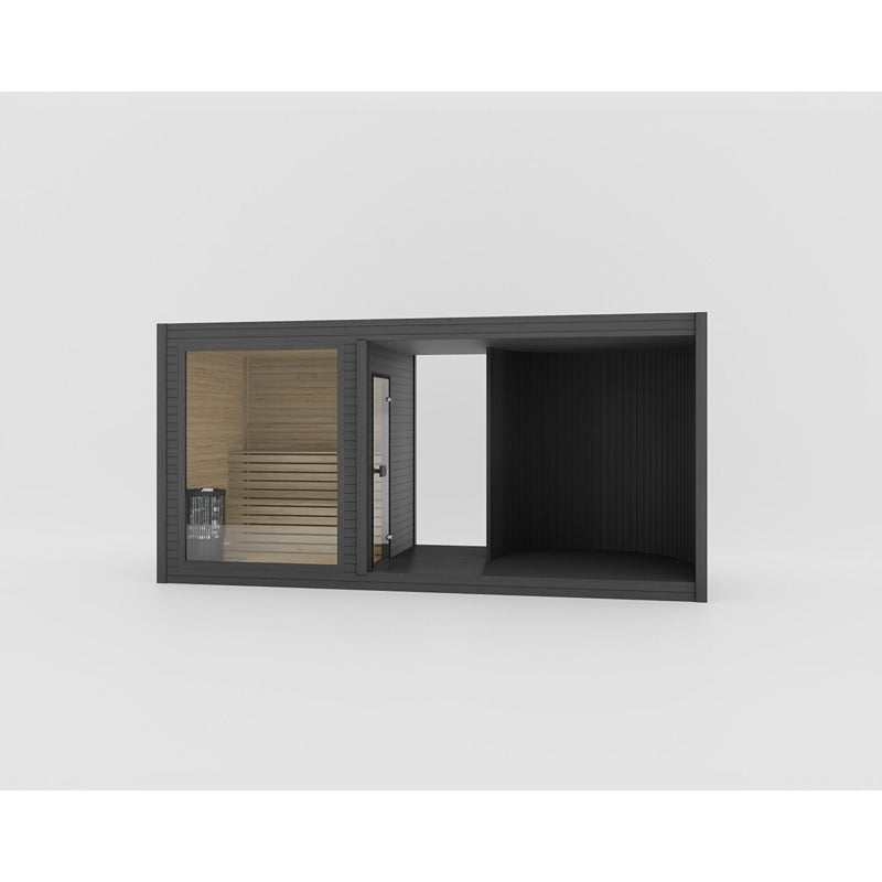 Celsium Tauras Air Modular Sauna in tiefem Schwarz – hochwertige Designsauna mit Glasfront für puristische Außenbereiche.