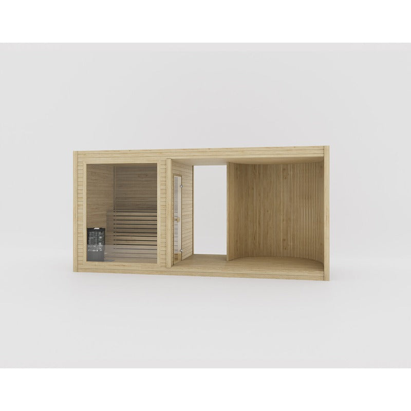 Celsium Tauras Air Modular Sauna aus Thermo-Kiefer – moderne Gartensauna mit großzügigem Lichteinfall und konfigurierbarem Innenraum.