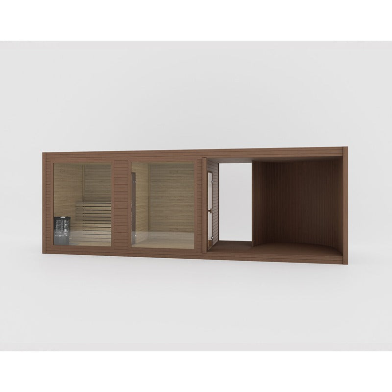 Celsium Tauras Balance Modular Sauna in warmer Teak-Optik mit mittigem Umkleidebereich