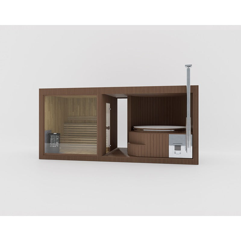 Celsium Tauras Small Sauna in warmem Braun mit Glasfenster und integriertem Hot Tub, Premium-Design