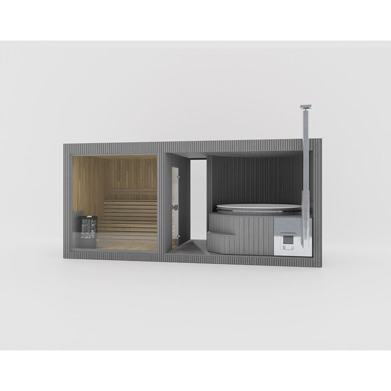 Celsium Tauras Small Sauna in elegantem Grau mit Panorama-Glasfront und Hot Tub, moderne Außengestaltung.