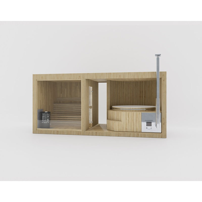 Celsium Tauras Small Sauna in hellem Holz mit großzügiger Glasfront und Whirlpool-Bereich