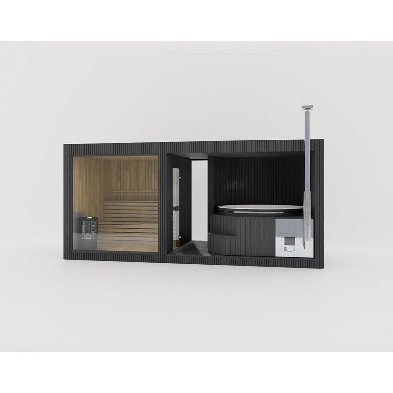 Celsium Tauras Small Sauna in tiefem Schwarz mit großflächiger Glasfront und integriertem Whirlpool.