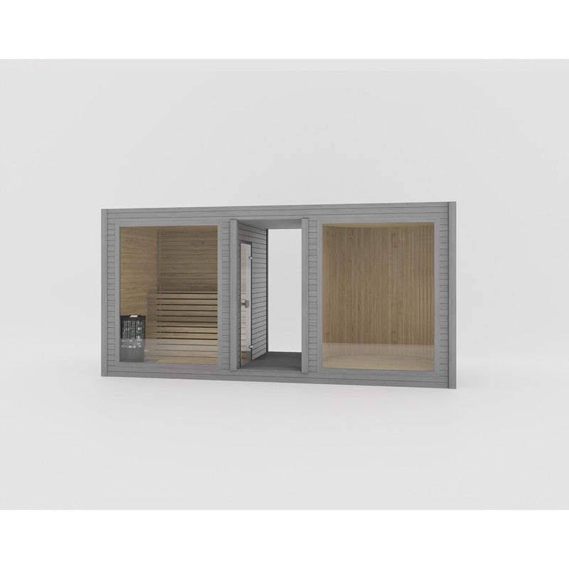 Celsium Tauras View Modular Sauna in elegantem Grau – hochwertige Außensauna mit großzügiger Glasfront und stilvoller Raumaufteilung
