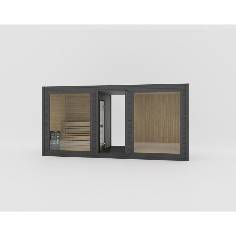 Celsium Tauras View Modular Sauna in tiefschwarzer Ausführung – designorientierte Glassauna mit Panoramaoptik und edlem Finish.