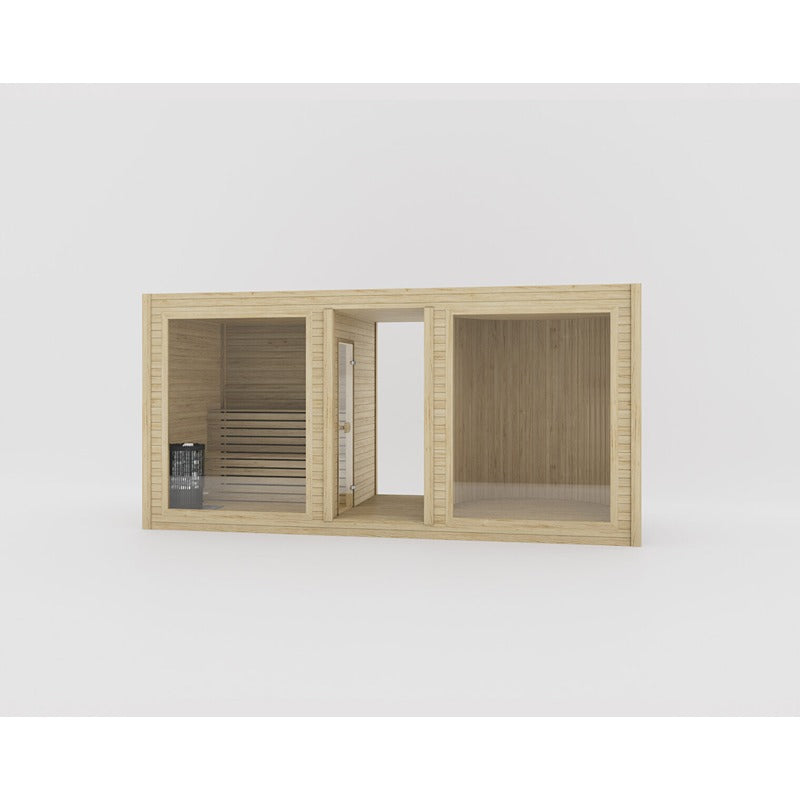Celsium Tauras View Modular Sauna aus Thermo-Kiefer – moderne Außensauna mit Panoramafront und harmonischer Holztextur.