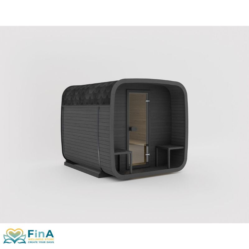 Außenansicht der Celsium Ula Large Sauna in Schwarz mit überdachtem Vorraum und Glas-Eingangstür