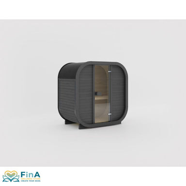 Celsium Ula Mini Sauna in Schwarz mit Glastür – kompakte Designsauna für zwei Personen mit moderner Rundform und edler Holzverkleidung