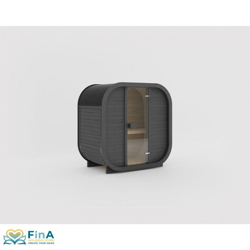 Celsium Ula Mini Sauna in Schwarz mit Glastür – kompakte Designsauna für zwei Personen mit moderner Rundform und edler Holzverkleidung