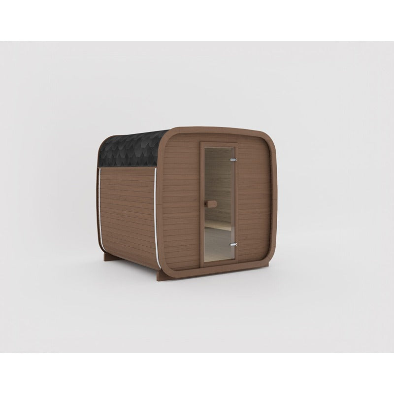 Celsium Ula Small Outdoor Sauna in Braun mit Glasfront und schwarzem Dach – formschöne kompakte Außensauna für zwei bis drei Personen im Premiumdesign