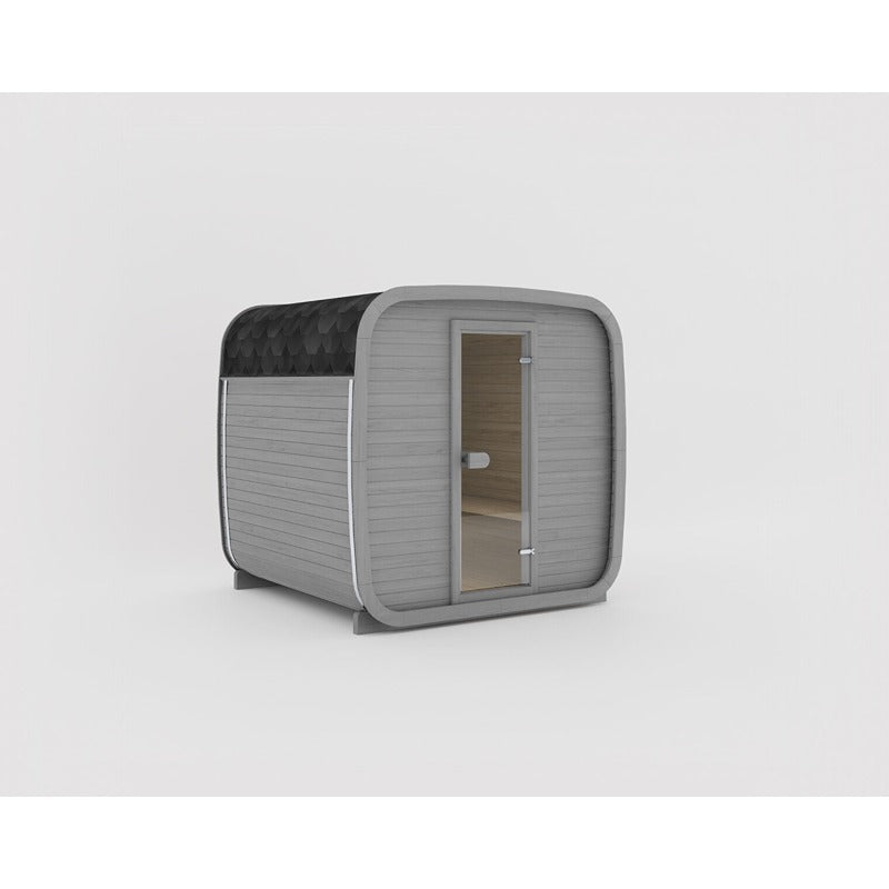 Celsium Ula Small Outdoor Sauna in Grau mit Glasfront und schwarzem Bitumendach – kompakte Designsauna für Garten oder Terrasse